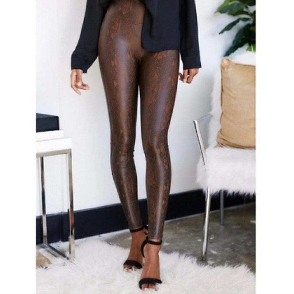 Spanx Faux Leather Brown Snakeskin Leggings Animal Print Pants XS